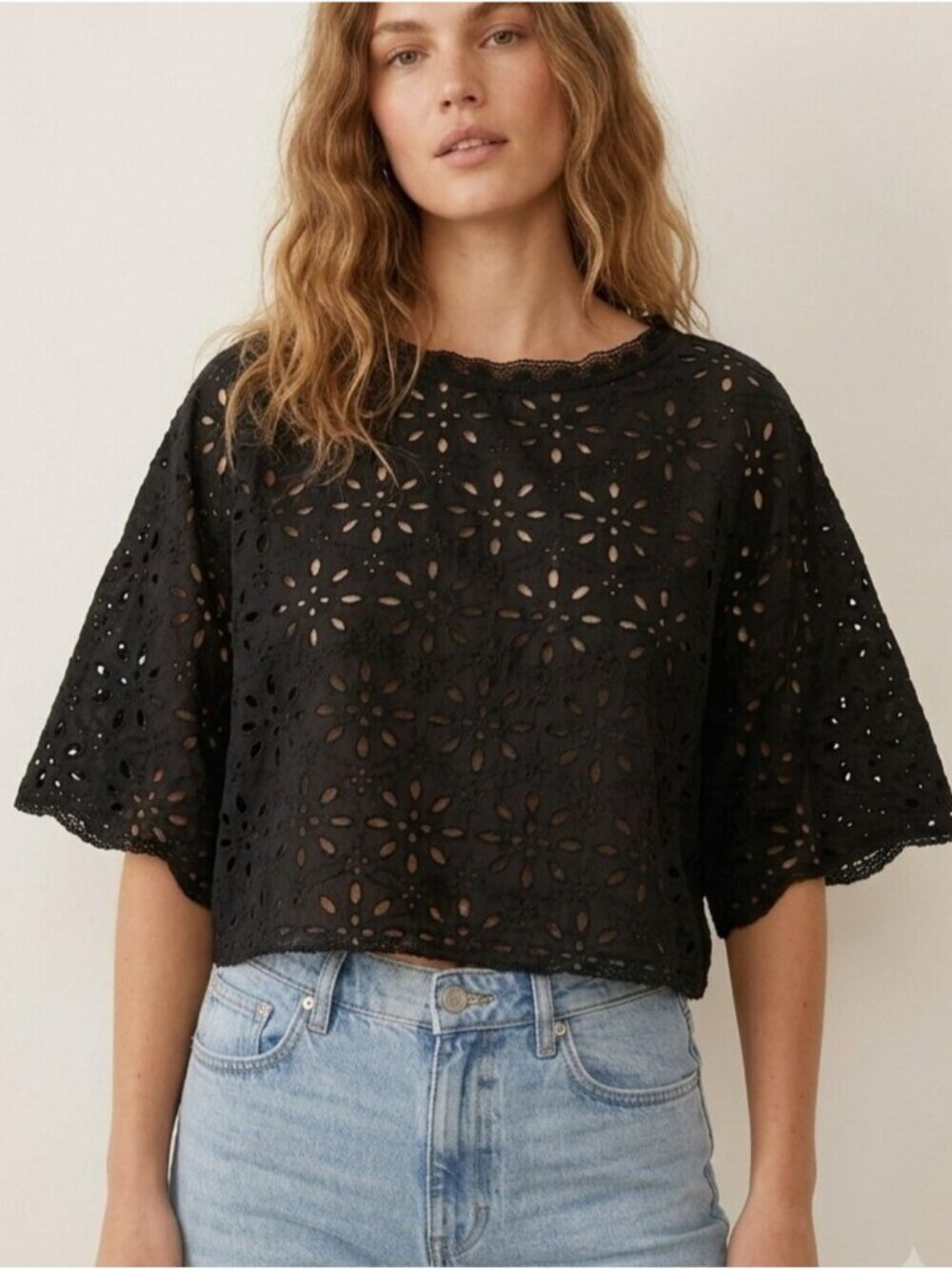 Wilfred Boho Black Eyelet Lace Boxy Top